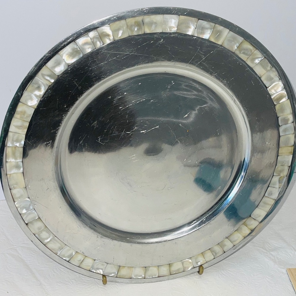 Pottery Barn Barona Charger Plate Silver Mother of Pearl Shell Inlay 14" READ